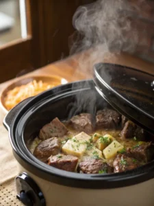 Garlic butter steak bites bubbling inside slow cooker