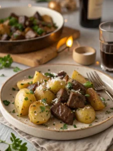 Garlic steak bites with potatoes served hot