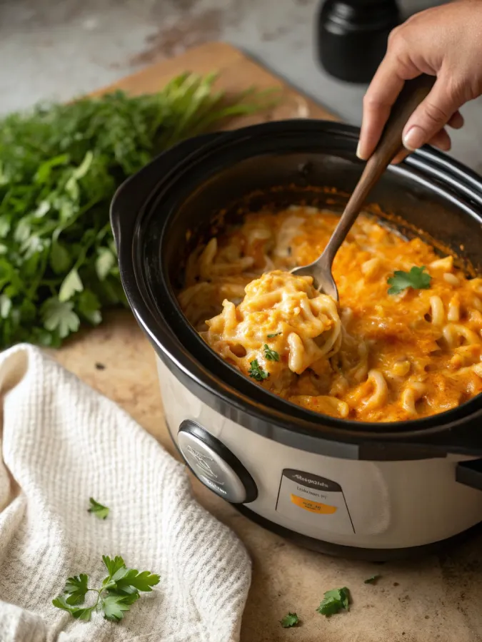 buffalo chicken mac cheese crock pot halfway stirred in slow cooker