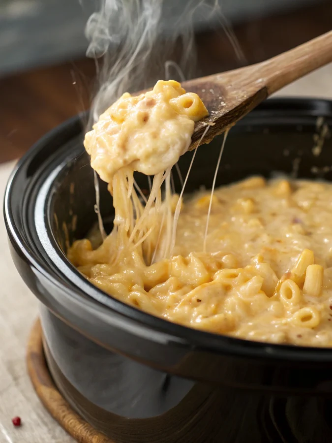 stirring crock pot mac and cheese