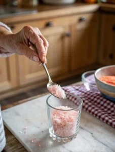 Senior adding Himalayan pink salt to glass for wellness drink