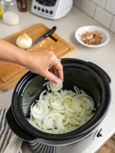 Sliced onions being added to bottom of slow cooker