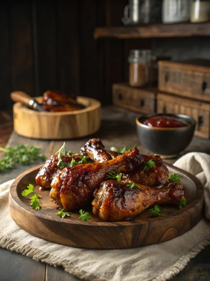 bbq chicken legs in the crock pot served rustic-style