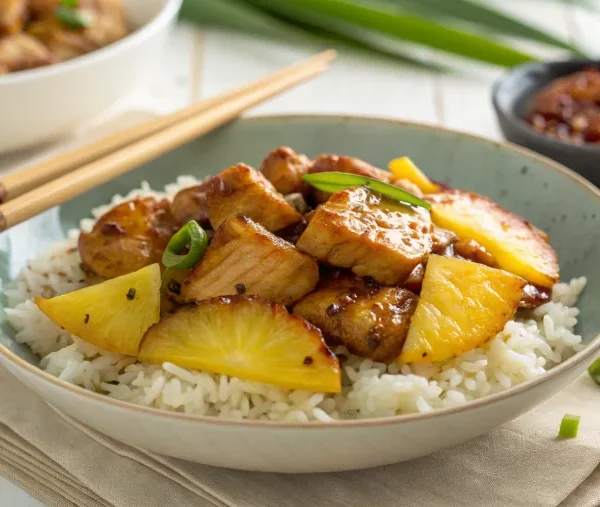 Plated crock pot teriyaki chicken with pineapple