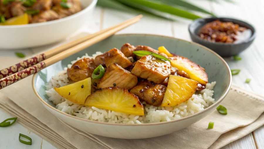 Plated crock pot teriyaki chicken with pineapple