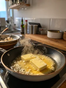 Garlic sautéing in melted butter in skillet