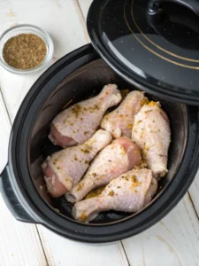 seasoned chicken drumsticks arranged in crock pot