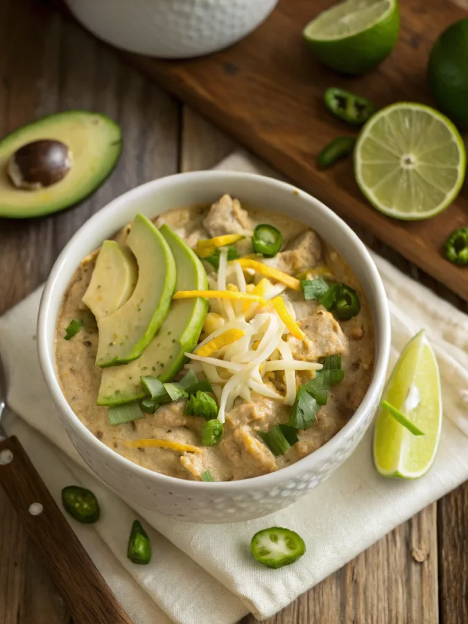 Chicken white chili crock pot in bowl with toppings