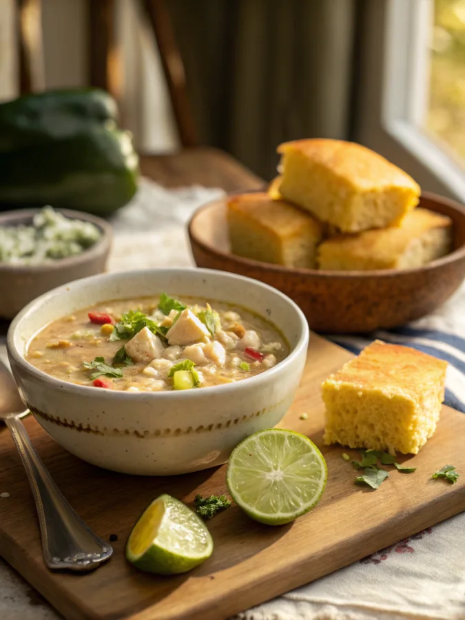 Chicken white chili crock pot served with cornbread