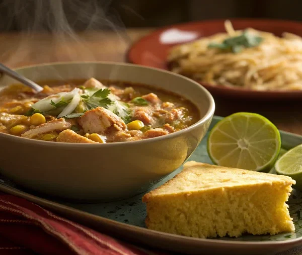 Chicken white chili crock pot served with cornbread