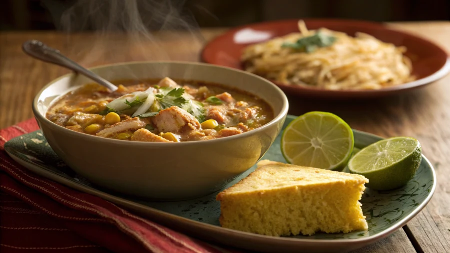 Chicken white chili crock pot served with cornbread