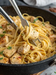 Tossed creamy parmesan pasta with garlic butter chicken