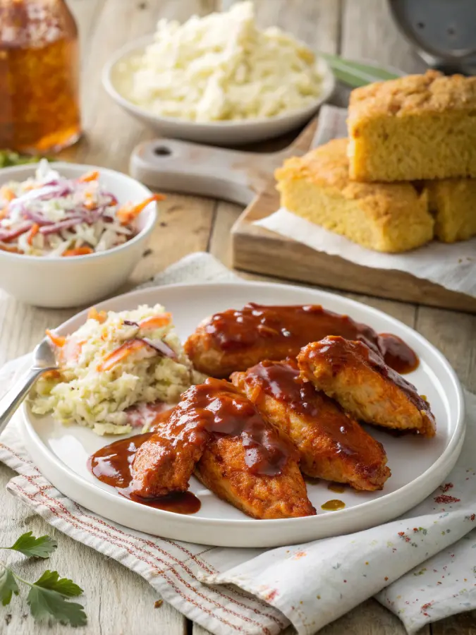 crock pot bbq chicken tenders plated with sides