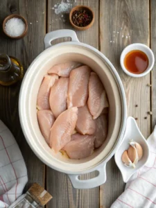 Raw chicken fingers placed in a crock pot