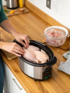 Chicken layered in crock pot for teriyaki recipe