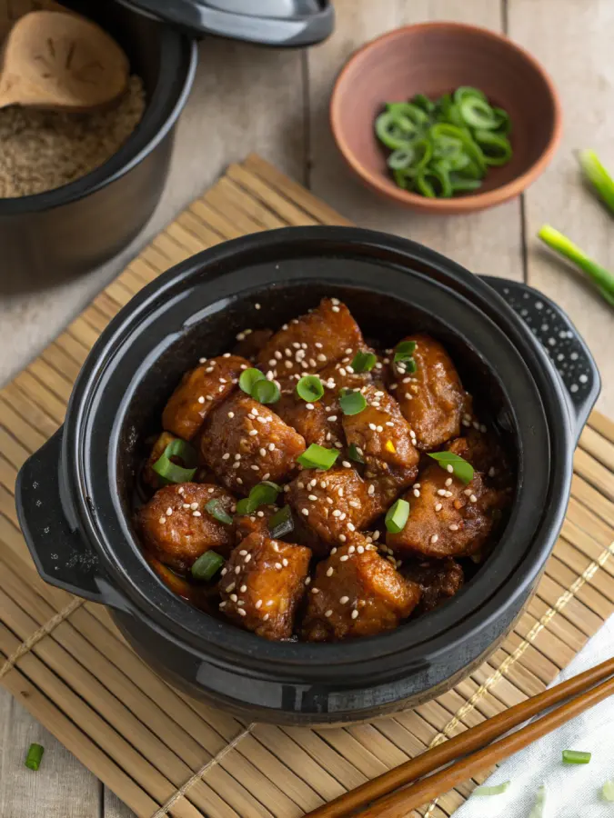 Crock pot chicken teriyaki recipe with sticky glaze and green onions