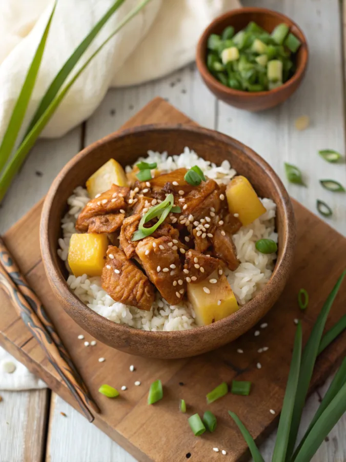 crock pot teriyaki chicken with pineapple served in bowl