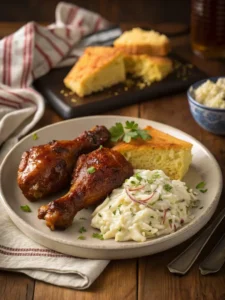 plated crock pot BBQ chicken legs with sides