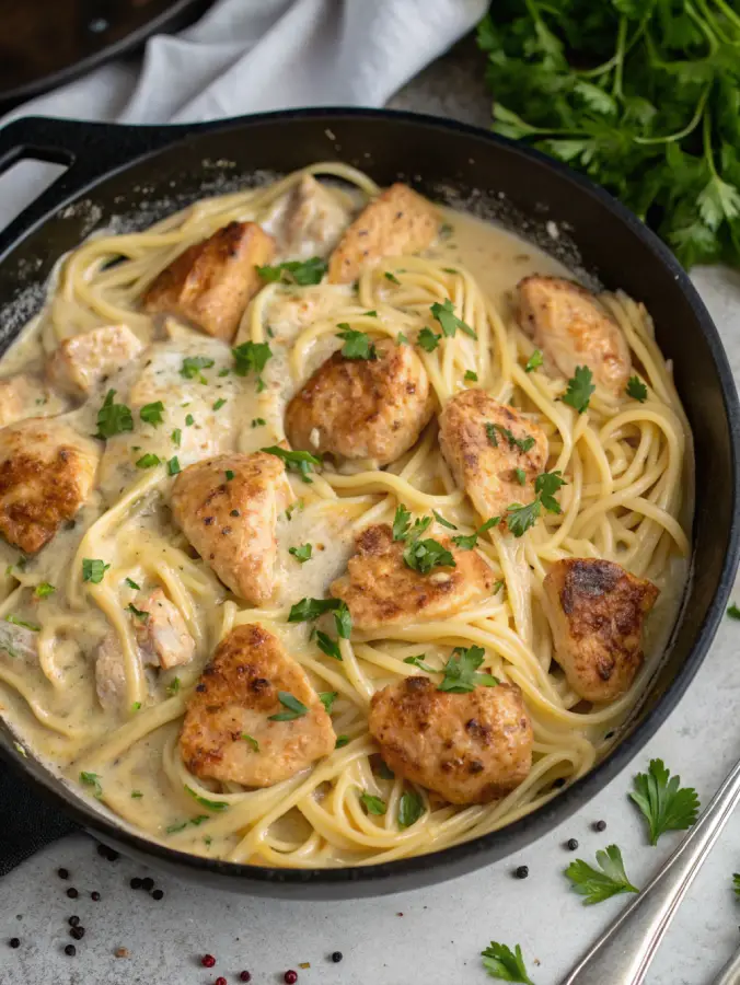 Garlic butter chicken bites with creamy parmesan pasta in skillet