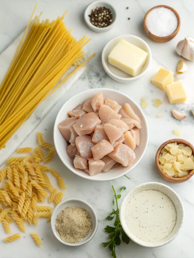 Ingredients for garlic butter chicken bites with creamy pasta