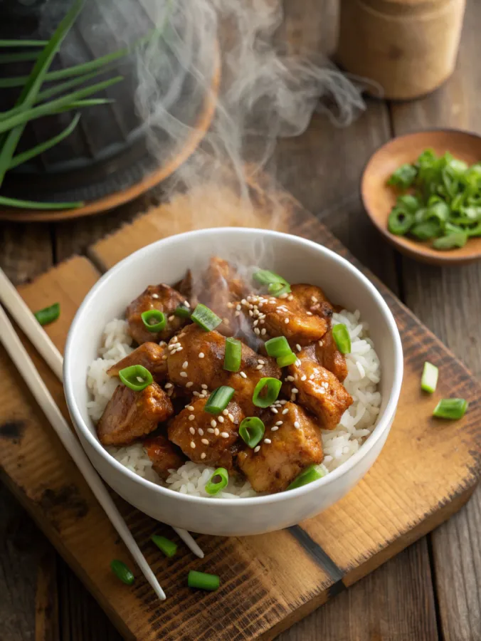 Honey chicken teriyaki crock pot served in a bowl with sesame seeds