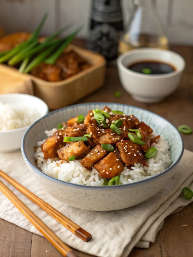 Bowl of honey chicken teriyaki with rice and sesame garnish