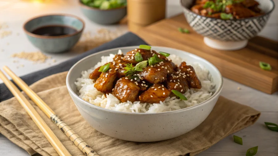 Bowl of honey chicken teriyaki with rice and sesame garnish