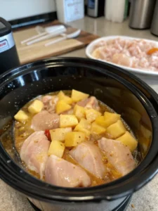 Placing raw chicken in crock pot for honey teriyaki recipe