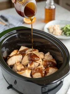 Pouring teriyaki and honey over chicken in crock pot