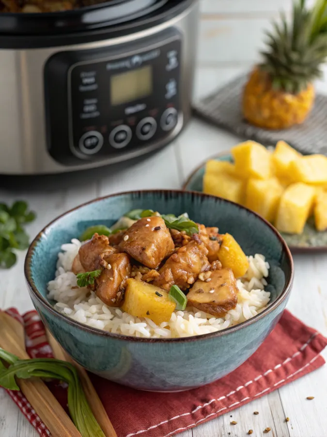 Pineapple teriyaki chicken in crock pot served over rice