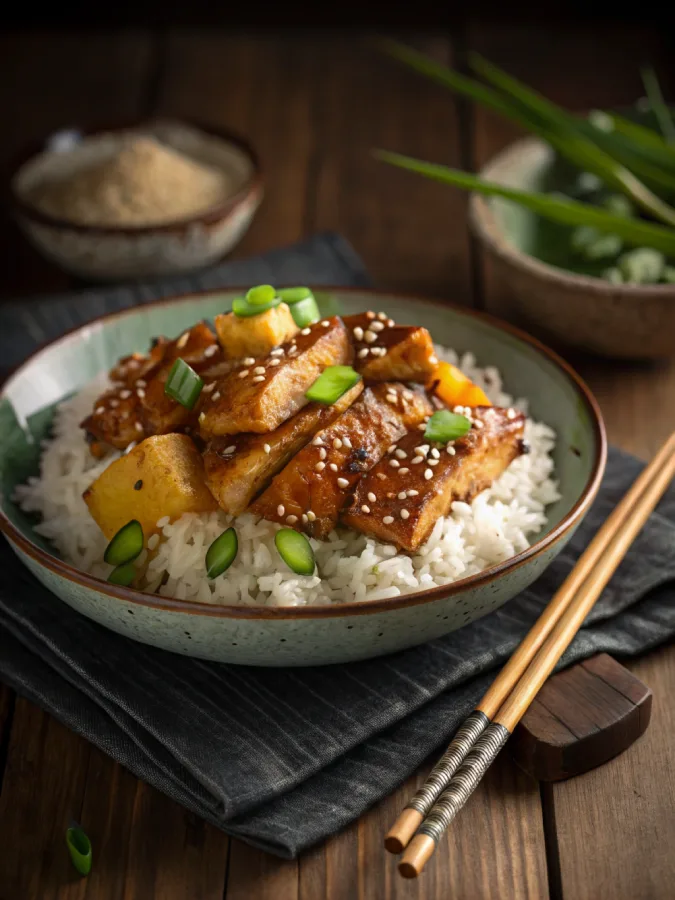 Pineapple teriyaki chicken served over coconut rice