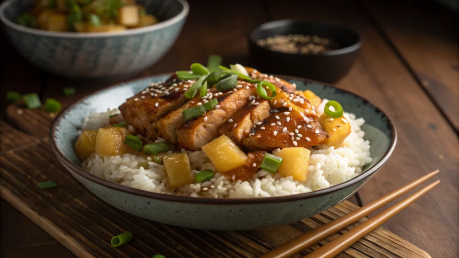 Pineapple teriyaki chicken served over coconut rice