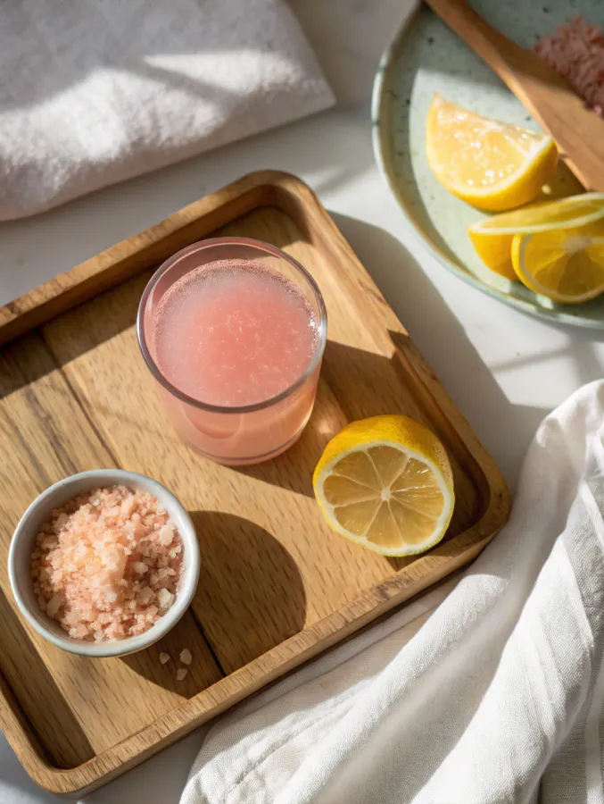 glass of pink Himalayan salt diet drink with lemon on tray