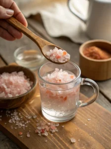 Stirring pink Himalayan salt into warm water