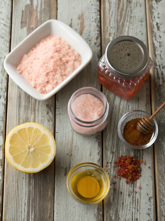 pink salt trick ingredients measured on wood