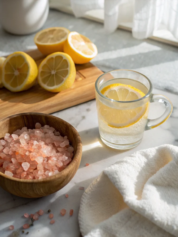 Pink salt trick drink with lemon and salt on counter