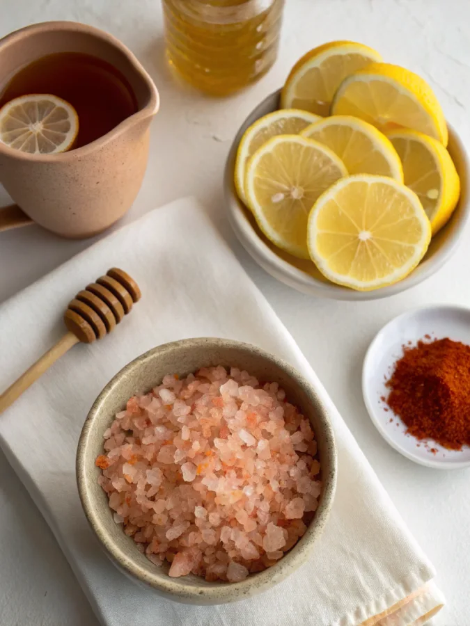 pink salt trick ingredients flat lay