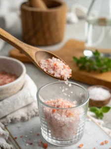 Adding pink Himalayan salt to a glass