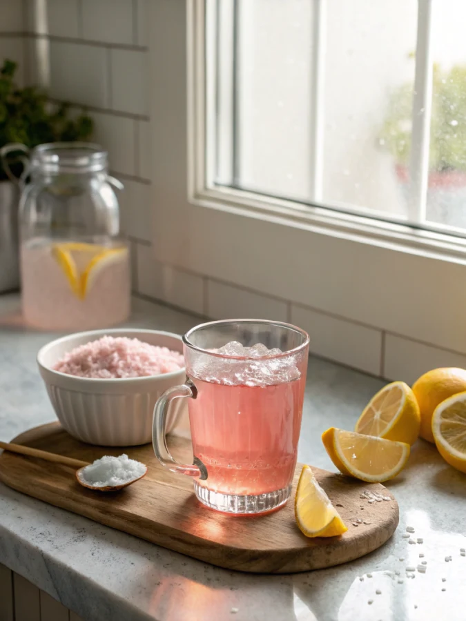 Pink salt trick for weight loss drink on a morning kitchen counter