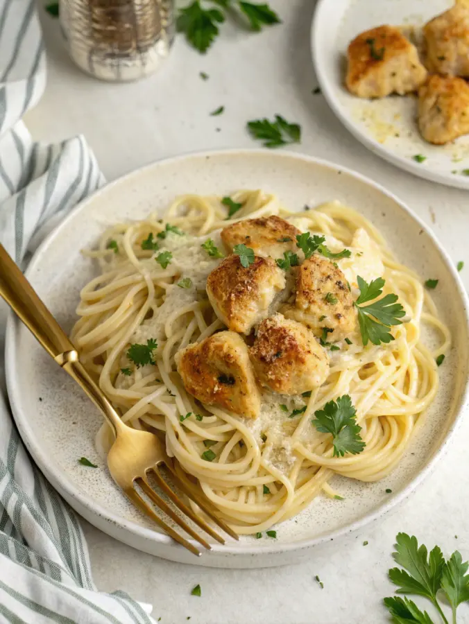 Serving of garlic butter chicken bites with creamy pasta