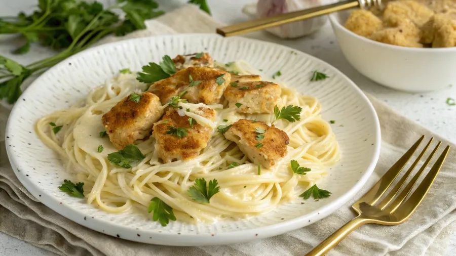 Serving of garlic butter chicken bites with creamy pasta