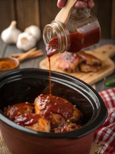 Pouring BBQ sauce over chicken in crock pot