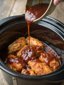 Pouring BBQ sauce mixture over chicken fingers in crock pot