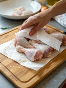 patting chicken drumsticks dry with paper towels