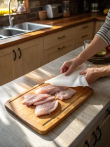 patting chicken tenders dry with paper towels