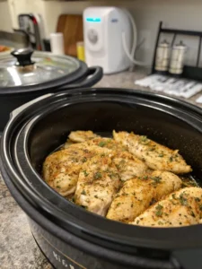 placing seasoned chicken tenders in crock pot