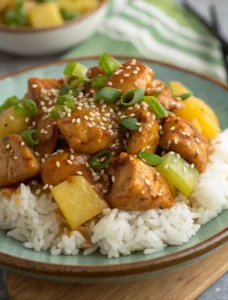 served pineapple teriyaki chicken over rice with garnish