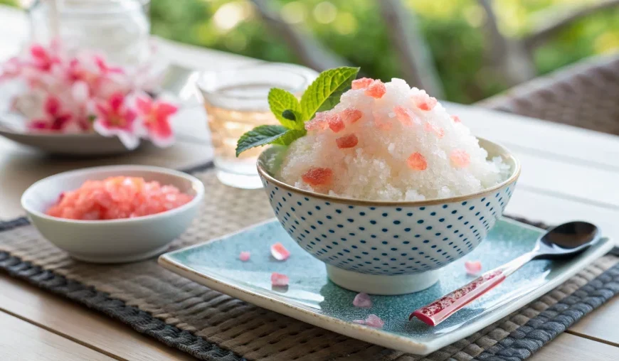 Served japanese pink salt and ice dessert