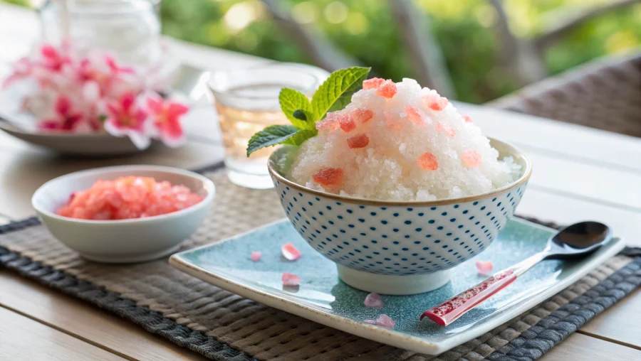 Served japanese pink salt and ice dessert