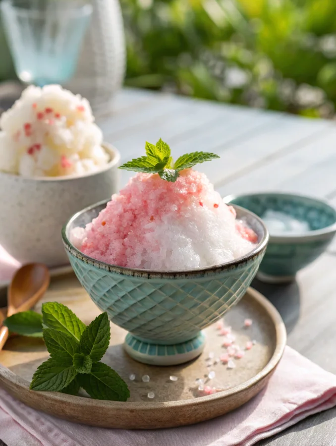 Served japanese pink salt and ice dessert